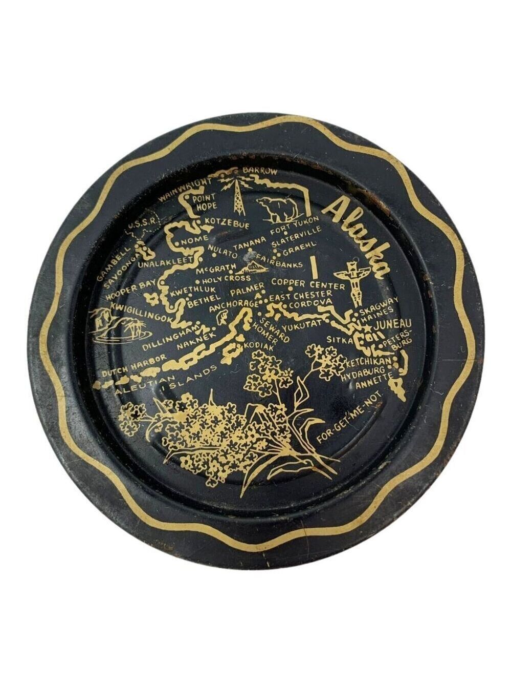 Vintage Alaska State Map Souvenir Black Gold Metal Tin Travel Coaster Ashtray 3